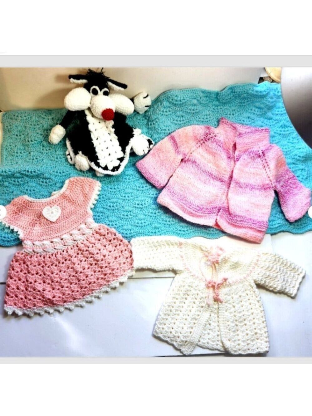 Hand Knit Baby Girl Toddler Clothes Lot Dress Cardigan Blanket Toy Fits 25" Doll